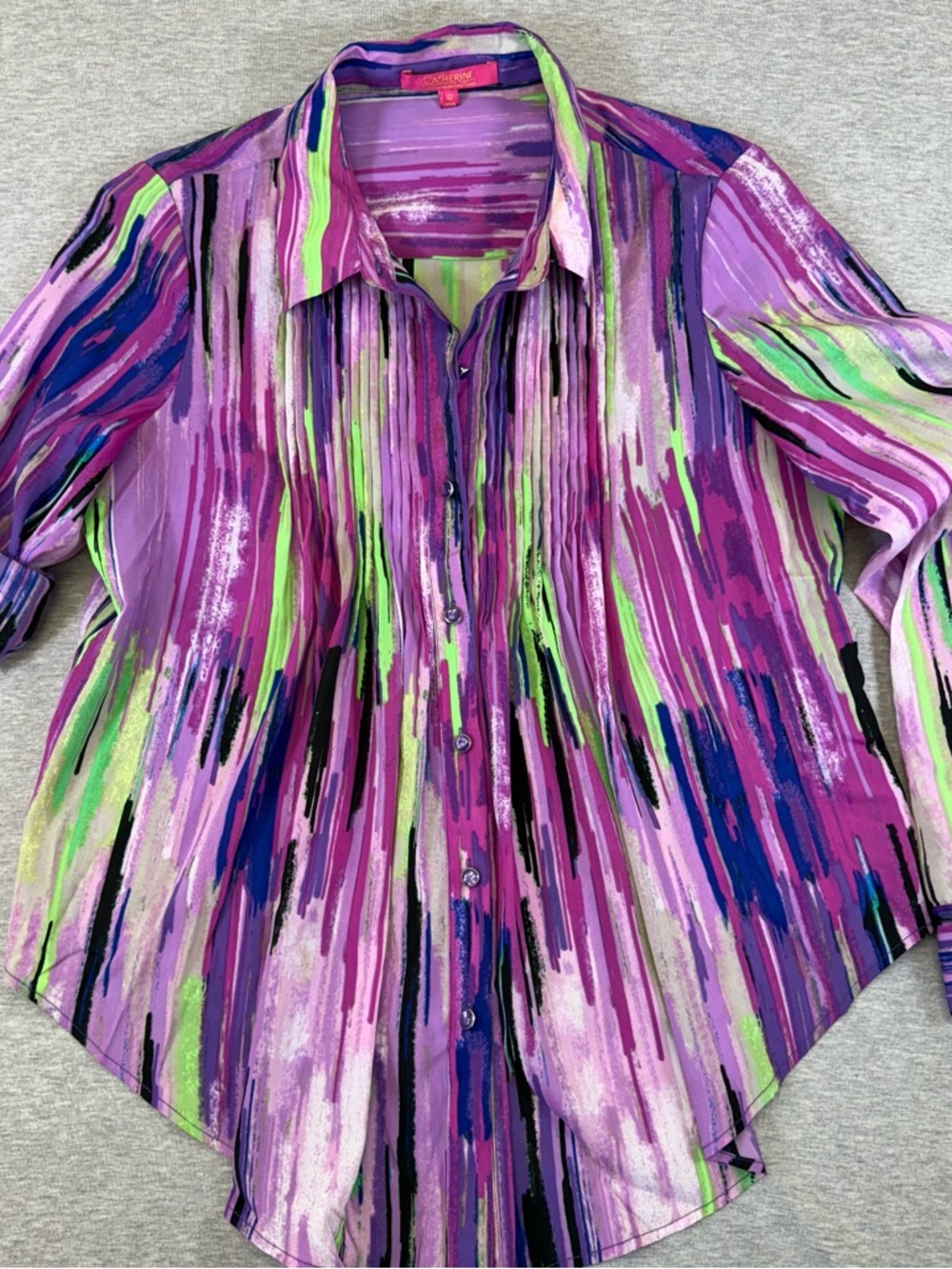 Vibrant Purple Watercolor Print Stripe Button-Front Blouse